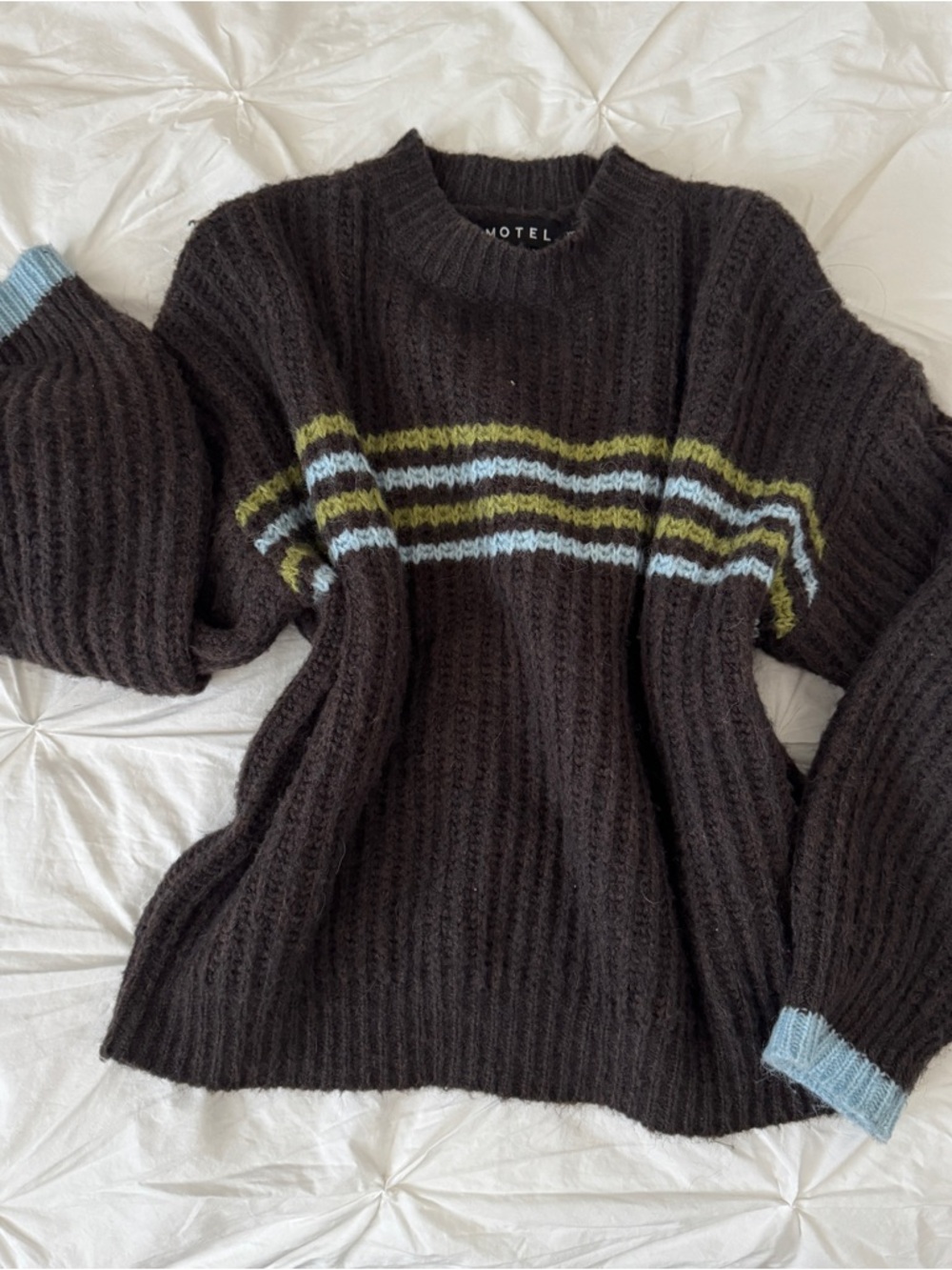 Motel Ribbed Brown Knit Sweater with Striped Detail